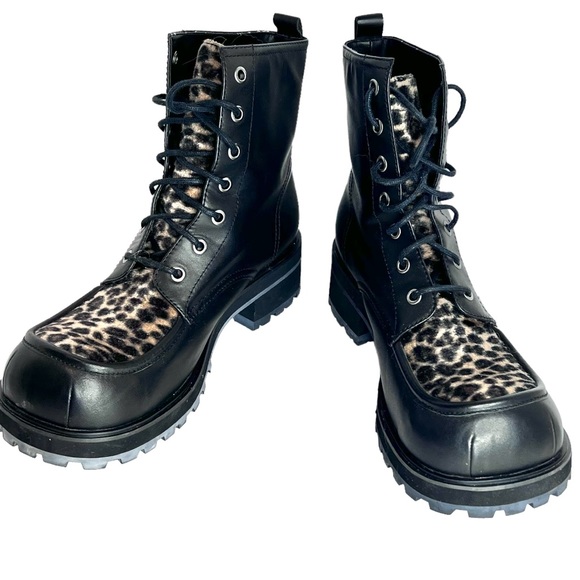 Retro Mudd Boots Combat Moto Y2K Leopard Black Genuine Leather 10 Lace Up - Picture 16 of 17